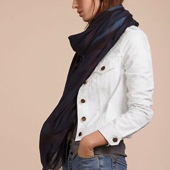 BURBERRY
 
Large Lightweight Check Silk Modal Wool Square Scarf In Navy - Picture 3 of 7